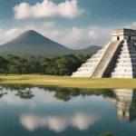 Imagem panorâmica das ruínas de Shizen Itza com uma grande pirâmide de pedra no centro, vegetação ao redor e céu azul claro.