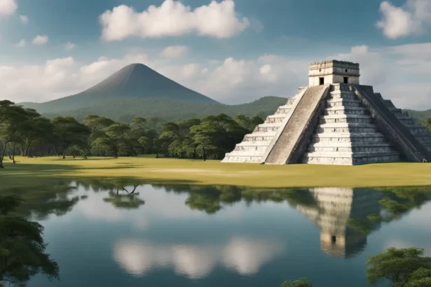Imagem panorâmica das ruínas de Shizen Itza com uma grande pirâmide de pedra no centro, vegetação ao redor e céu azul claro.