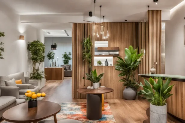 Recepção de hotel moderna com elementos de home-sharing, balcão de check-in de madeira clara, plantas e sofás de couro marrom, mostrando um bairro residencial ao fundo.