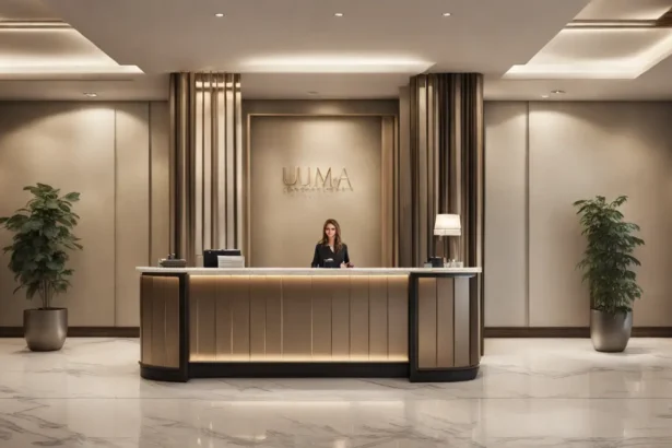 Recepcionista uniformizada atendendo casal no check-in de um hotel moderno com malas ao lado e lustre elegante no teto
