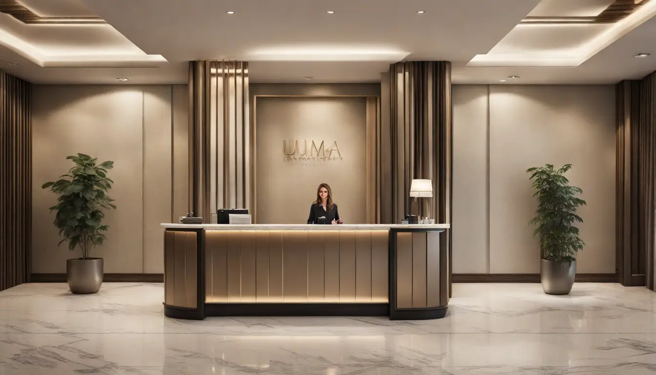 Recepcionista uniformizada atendendo casal no check-in de um hotel moderno com malas ao lado e lustre elegante no teto