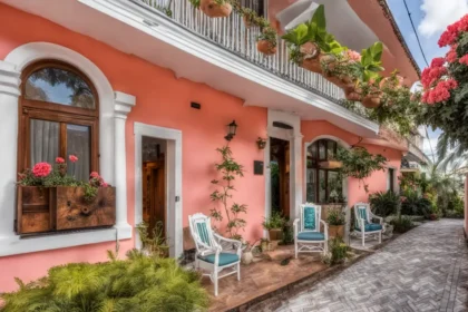 Fachada moderna de um bed & breakfast ao lado de um prédio tradicional de hotelaria, destacando a transformação na indústria hoteleira com "Como r b&b".