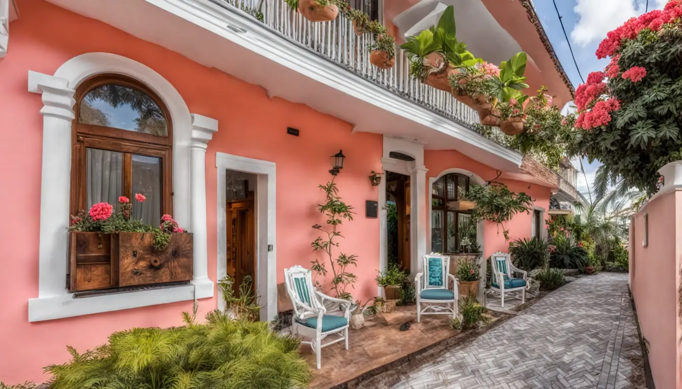 Fachada moderna de um bed & breakfast ao lado de um prédio tradicional de hotelaria, destacando a transformação na indústria hoteleira com "Como r b&b".